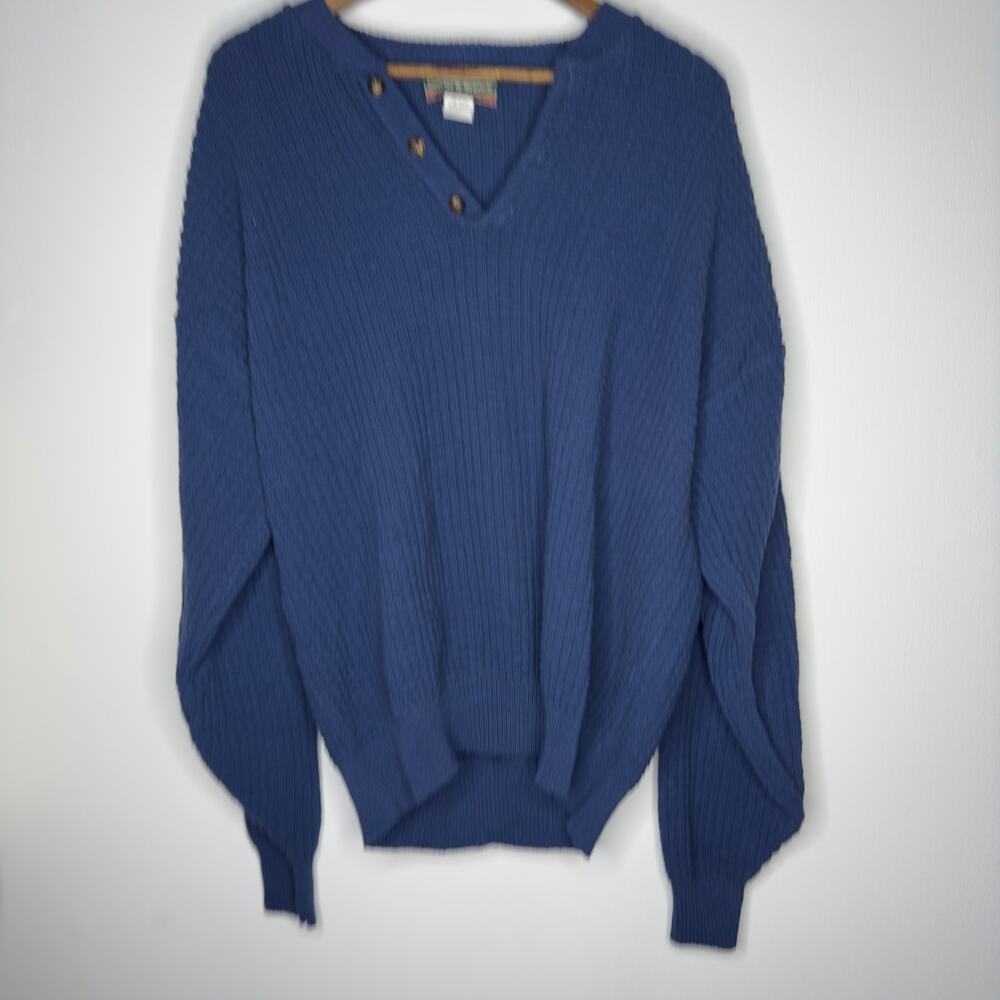 Vintage Currier & Branch Blue Textured Cotton Henley Sweater XXL Made in USA